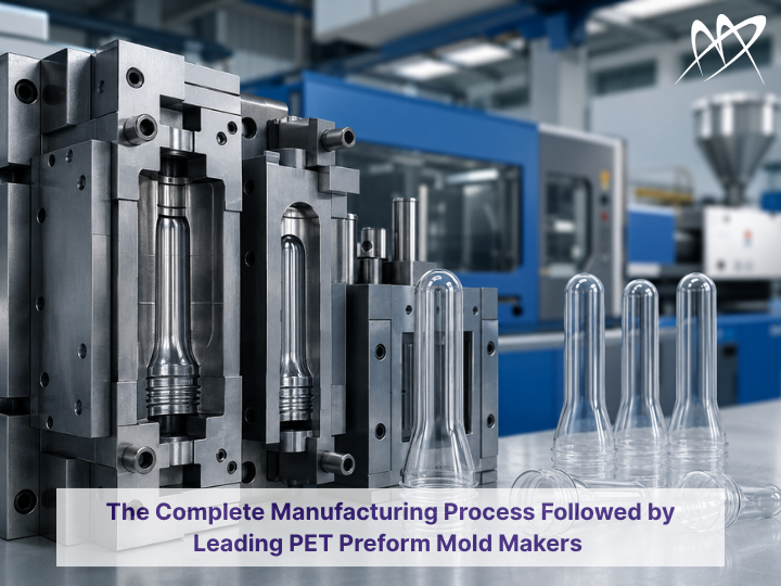 PET preform mould manufacturing process with precision moulds, PET preforms, and injection molding machine in an industrial facility
